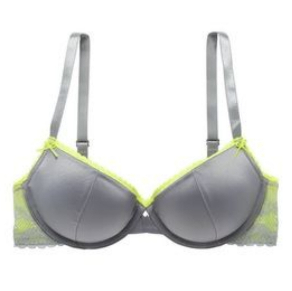 Aerie Ella Gel Silver Grey Satin Neon Green Lace Push Up Bra, 34A